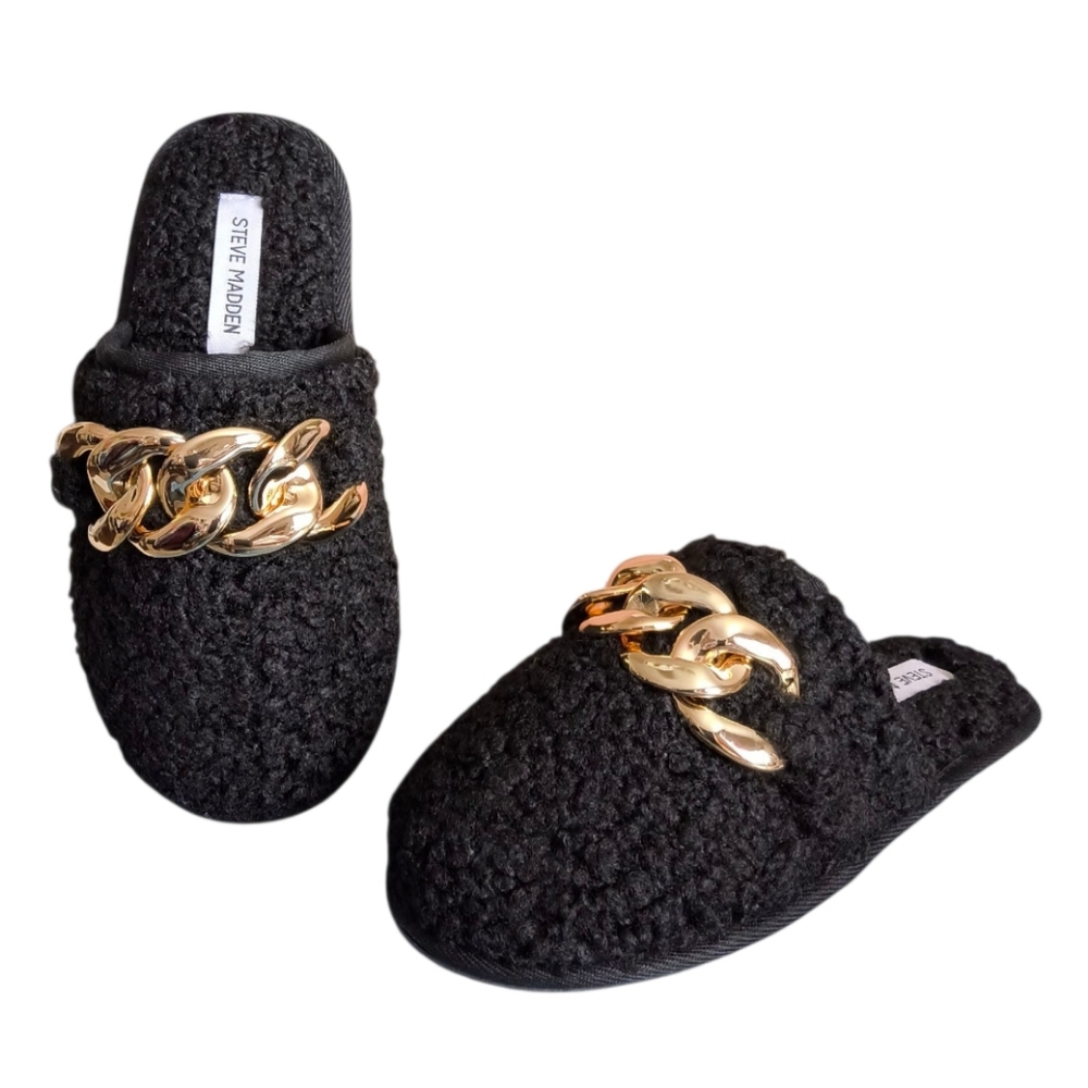 NEW Steve Madden Black Fuzzy Slippers with Gold Chain Accent - New in Box Size 7